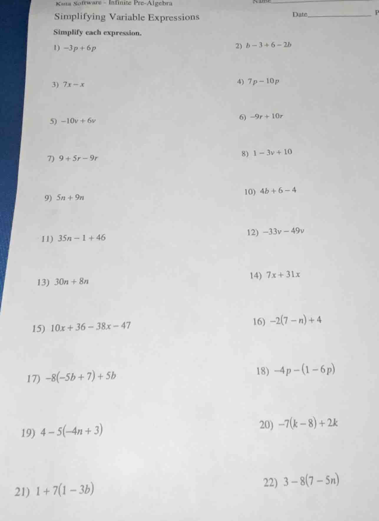 kuta software - infinite pre-algebra name simplifying variable expressi…
