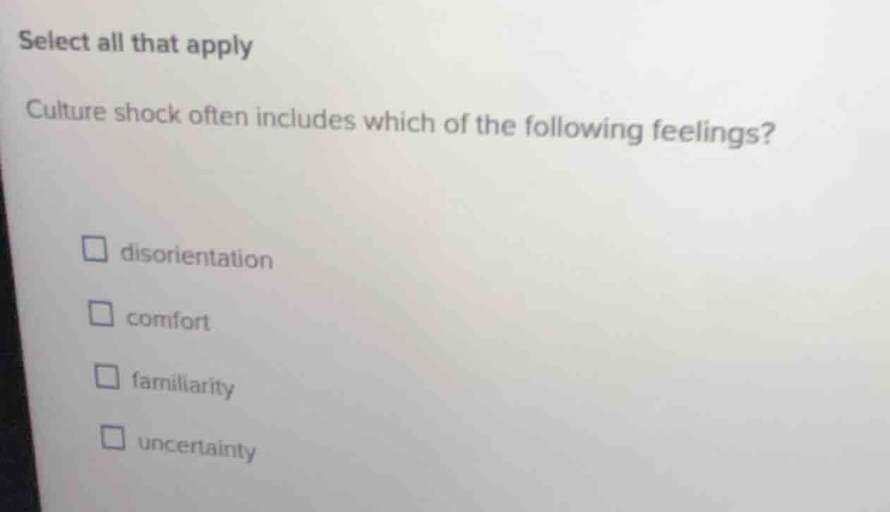 select all that apply culture shock often includes which of the followi…