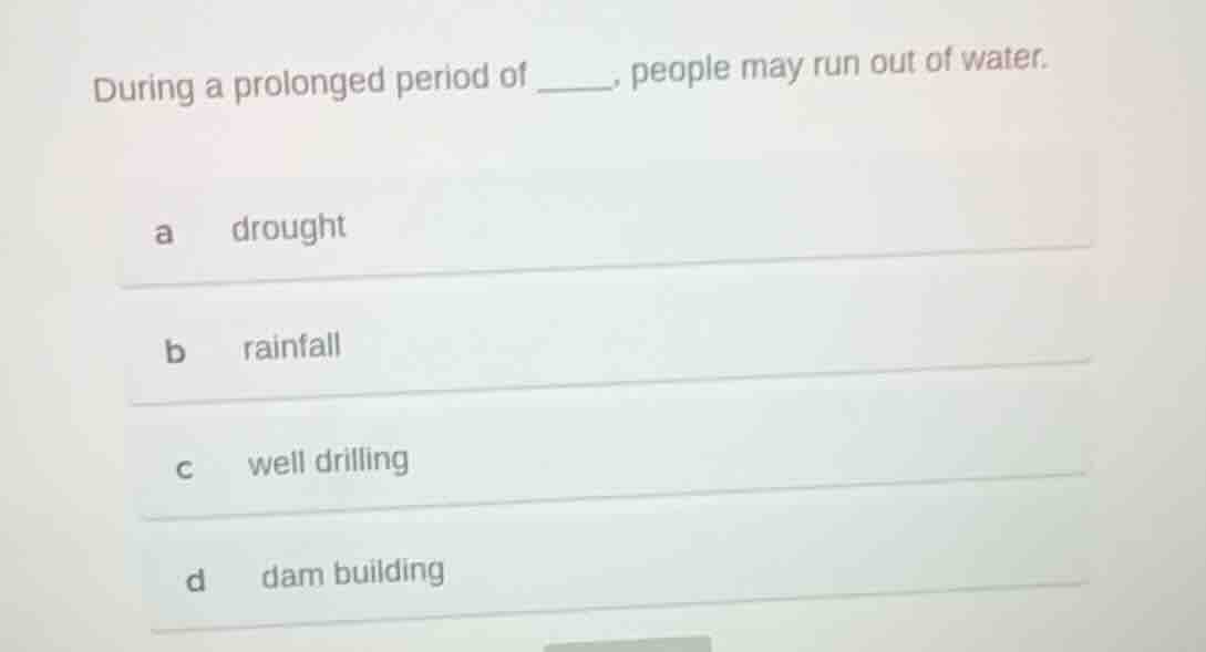 during a prolonged period of ______. people may run out of water. a dro…