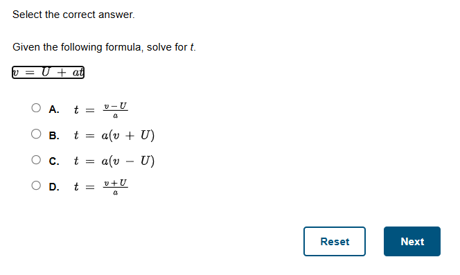 select the correct answer. given the following formula, solve for t. $v…