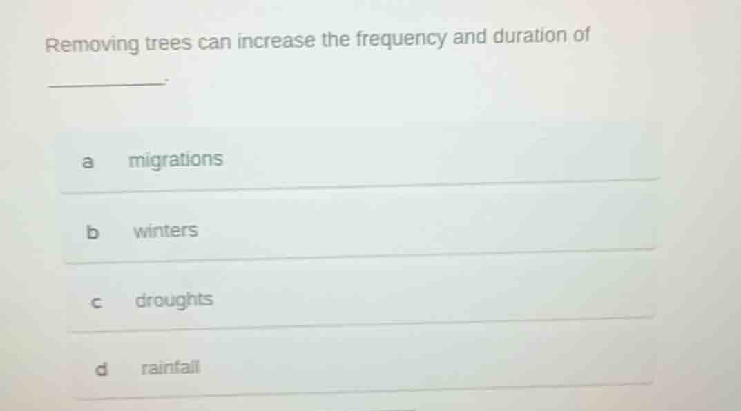 removing trees can increase the frequency and duration of ______. a mig…