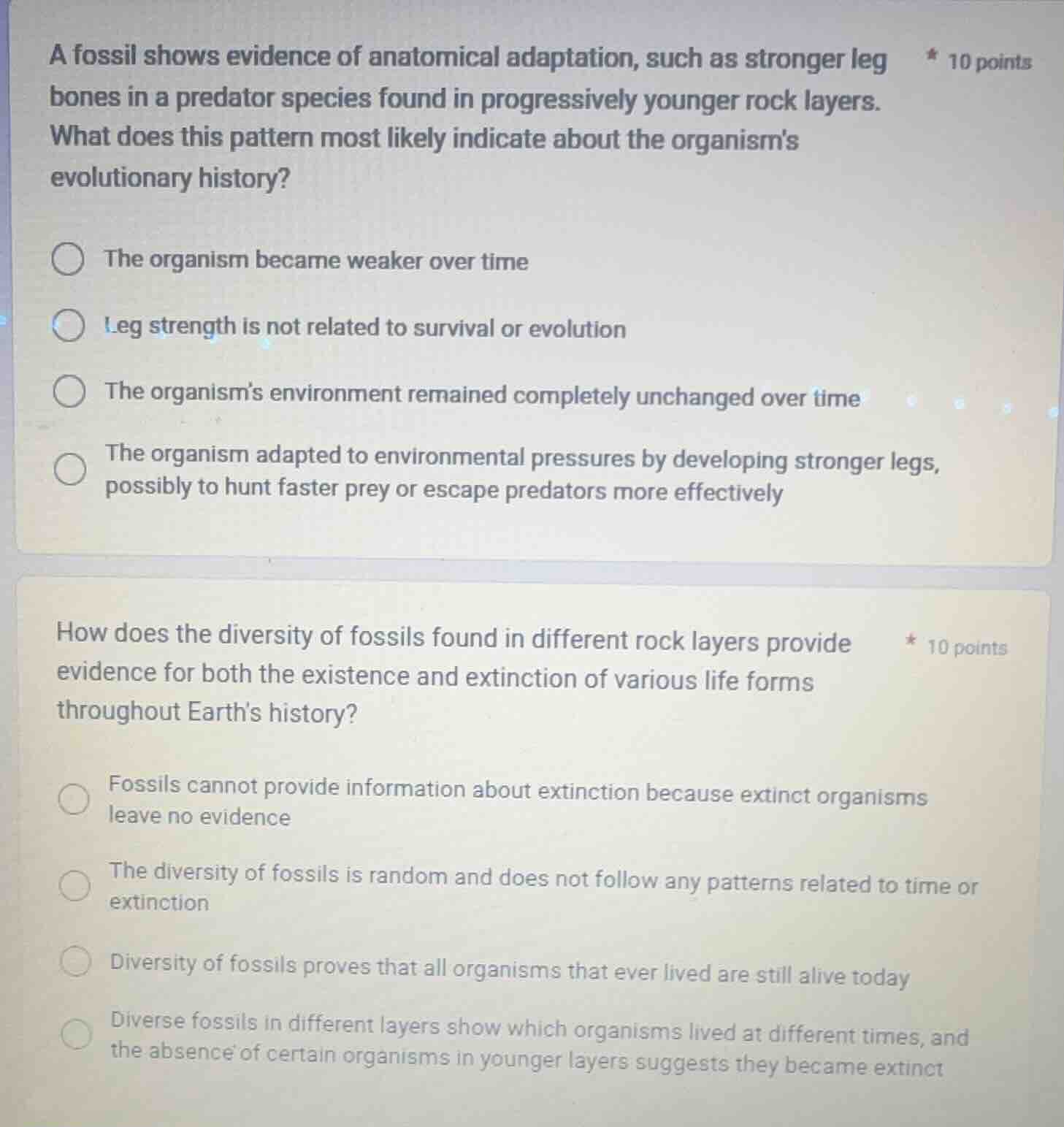 1. a fossil shows evidence of anatomical adaptation, such as stronger l…