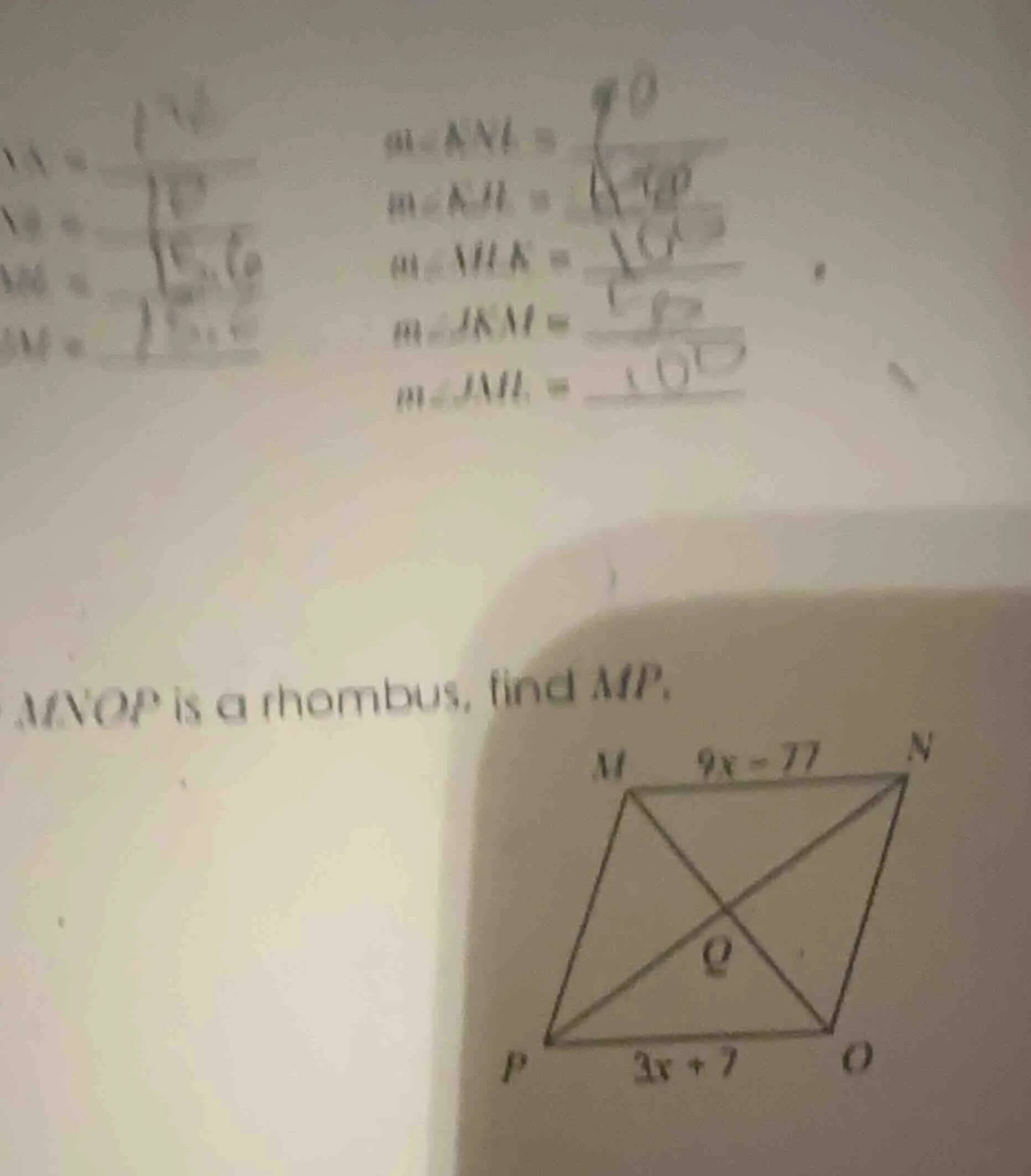 mvop is a rhombus, find $mp$.
