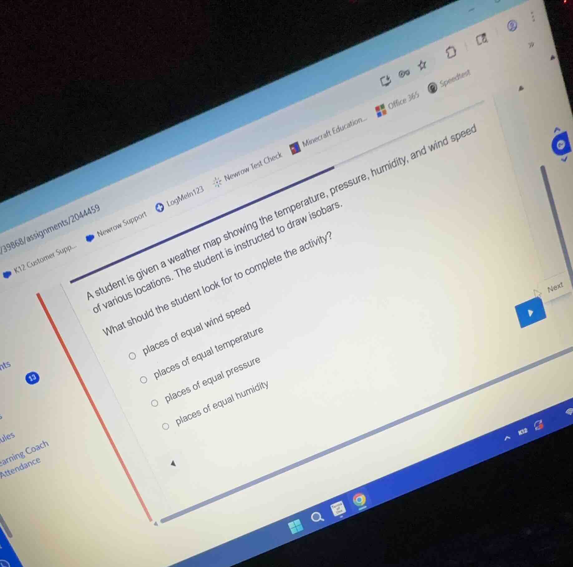 a student is given a weather map showing the temperature, pressure, hum…