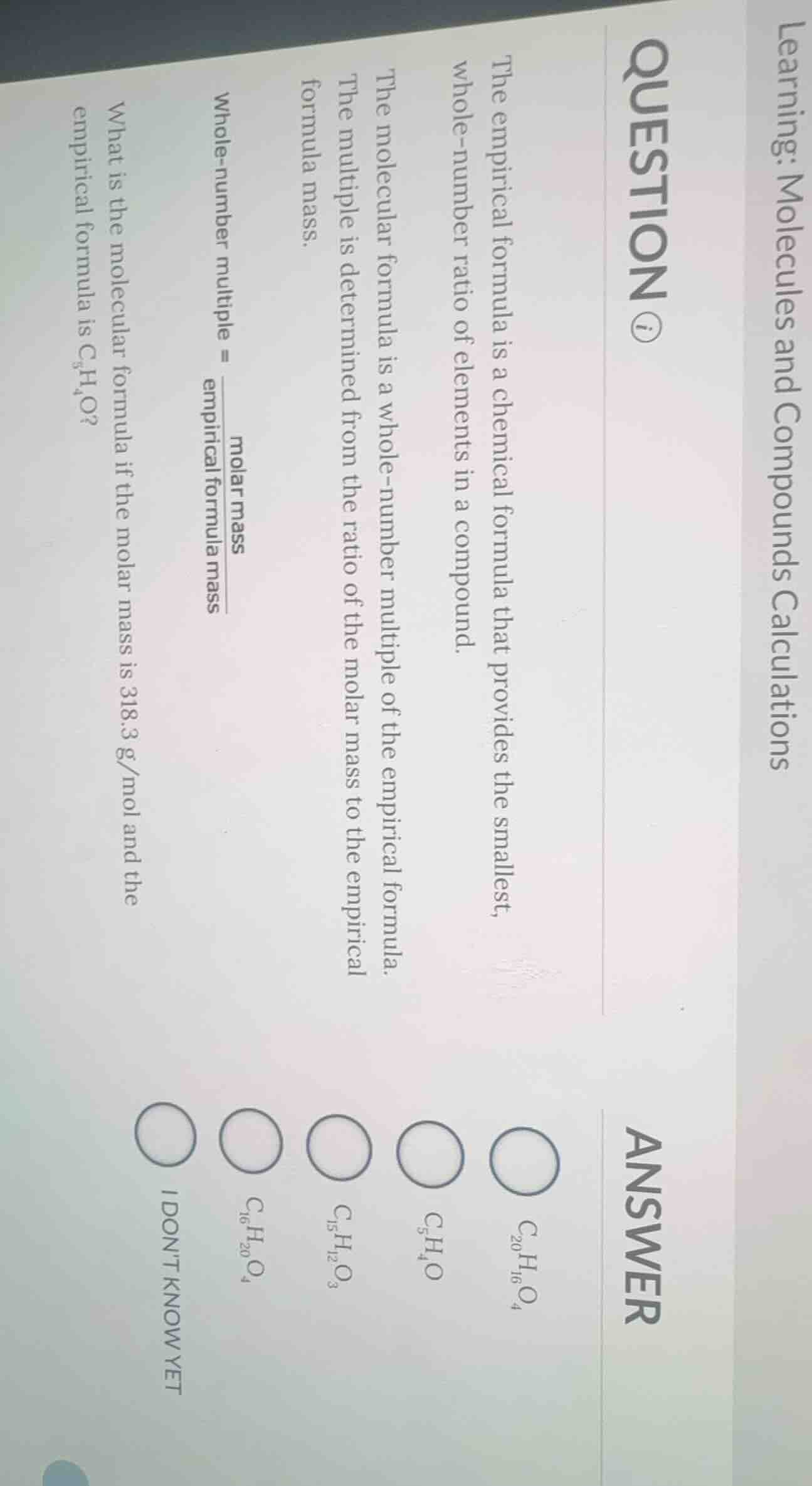 learning: molecules and compounds calculationsquestion ⓘthe empirical f…