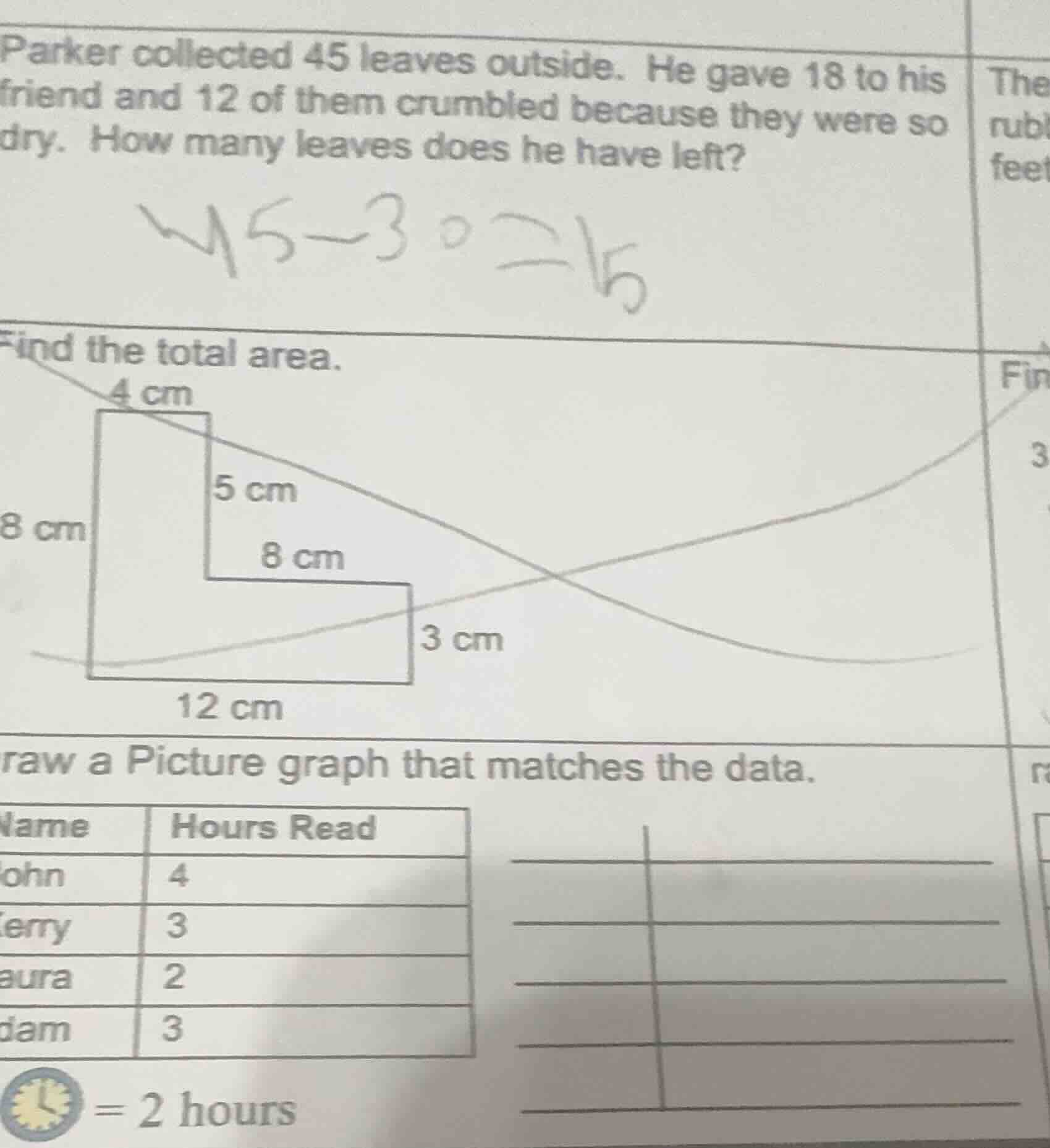 parker collected 45 leaves outside. he gave 18 to his friend and 12 of …