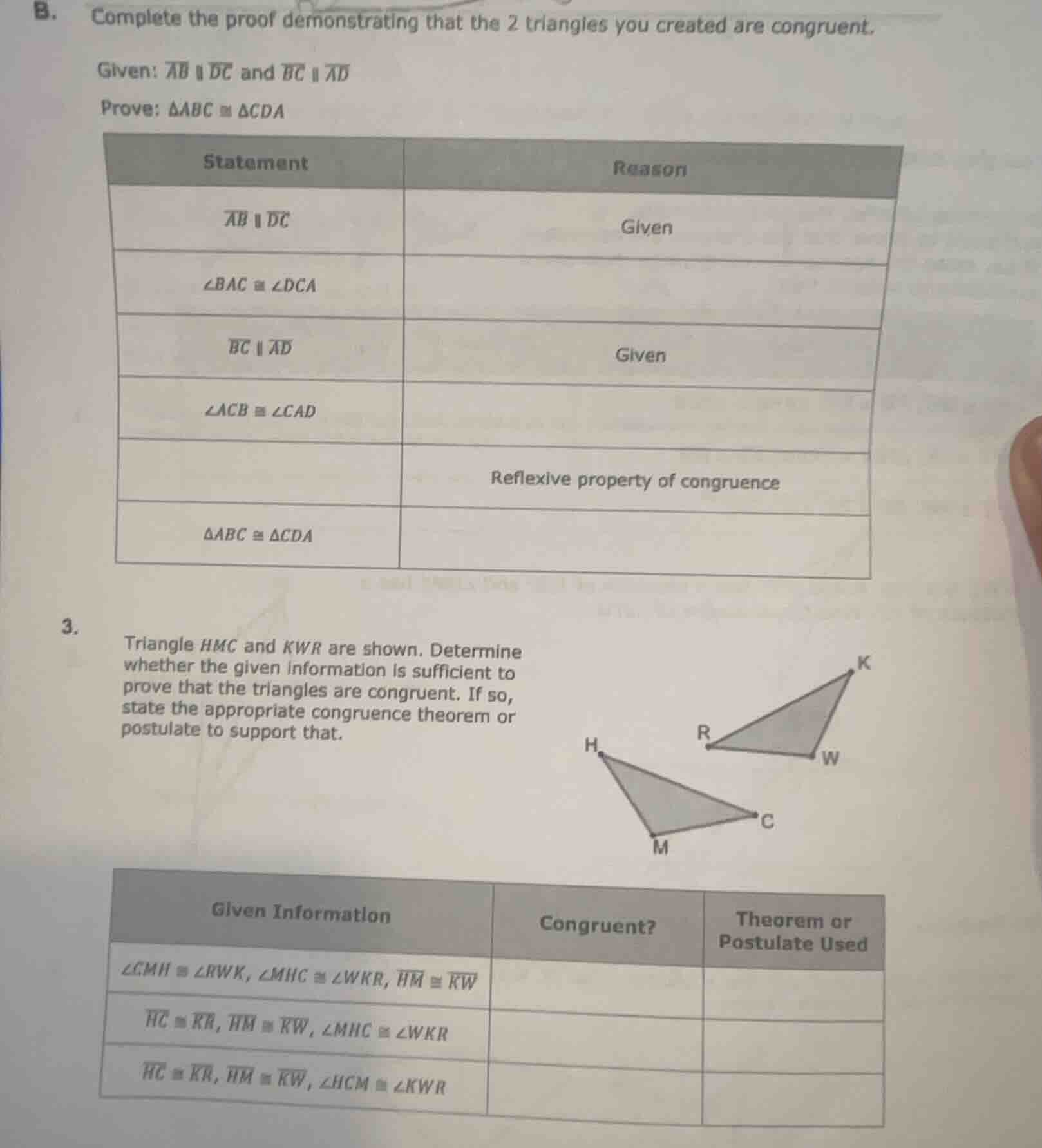 b. complete the proof demonstrating that the 2 triangles you created ar…