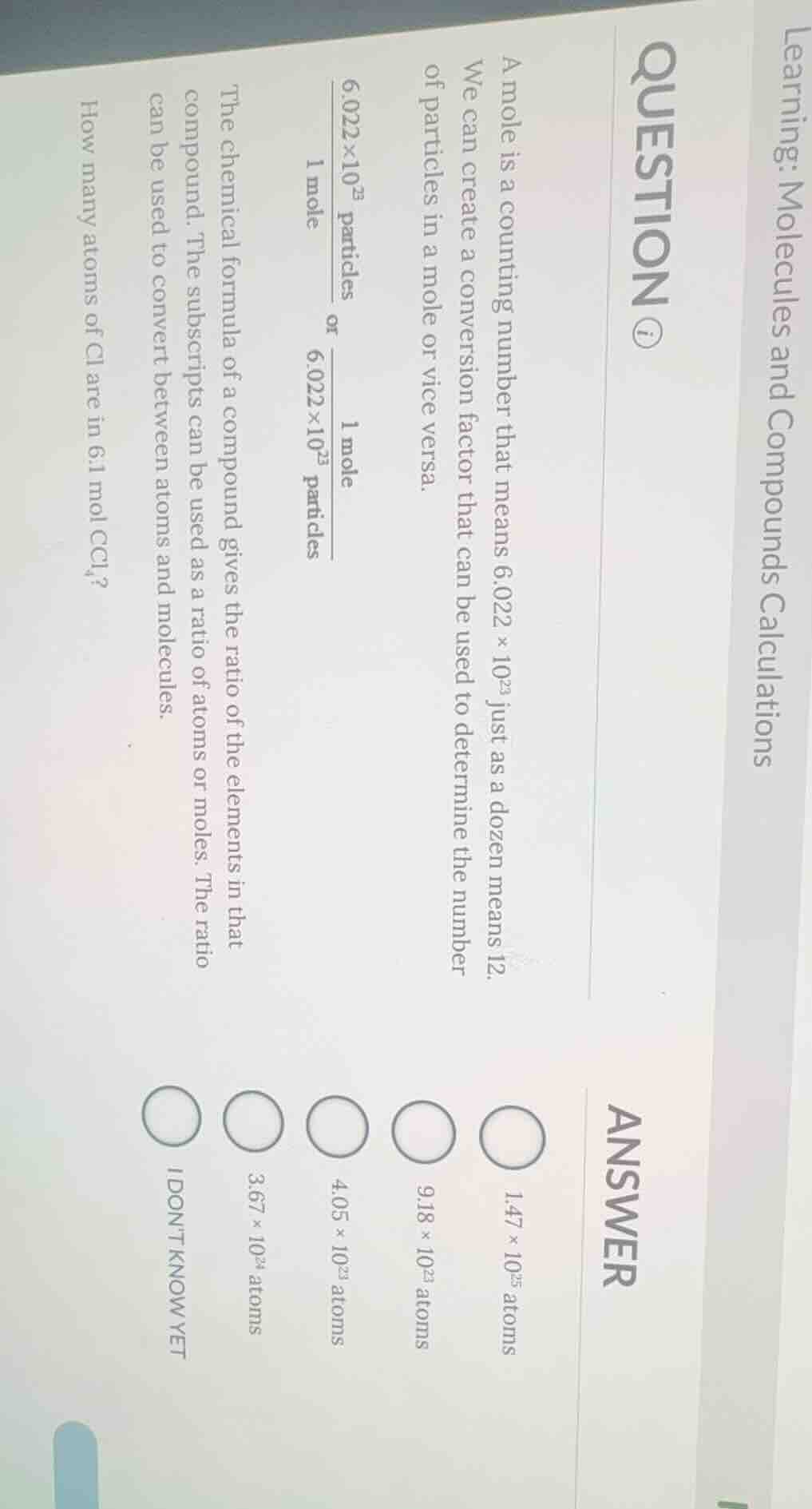 learning: molecules and compounds calculations question ⓘ a mole is a c…