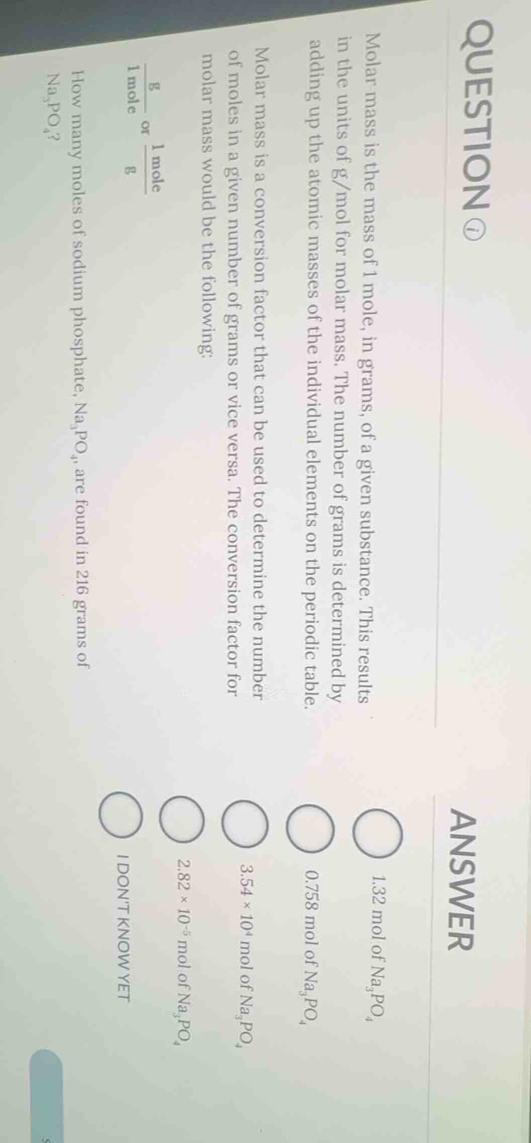 question ⓘ molar mass is the mass of 1 mole, in grams, of a given subst…