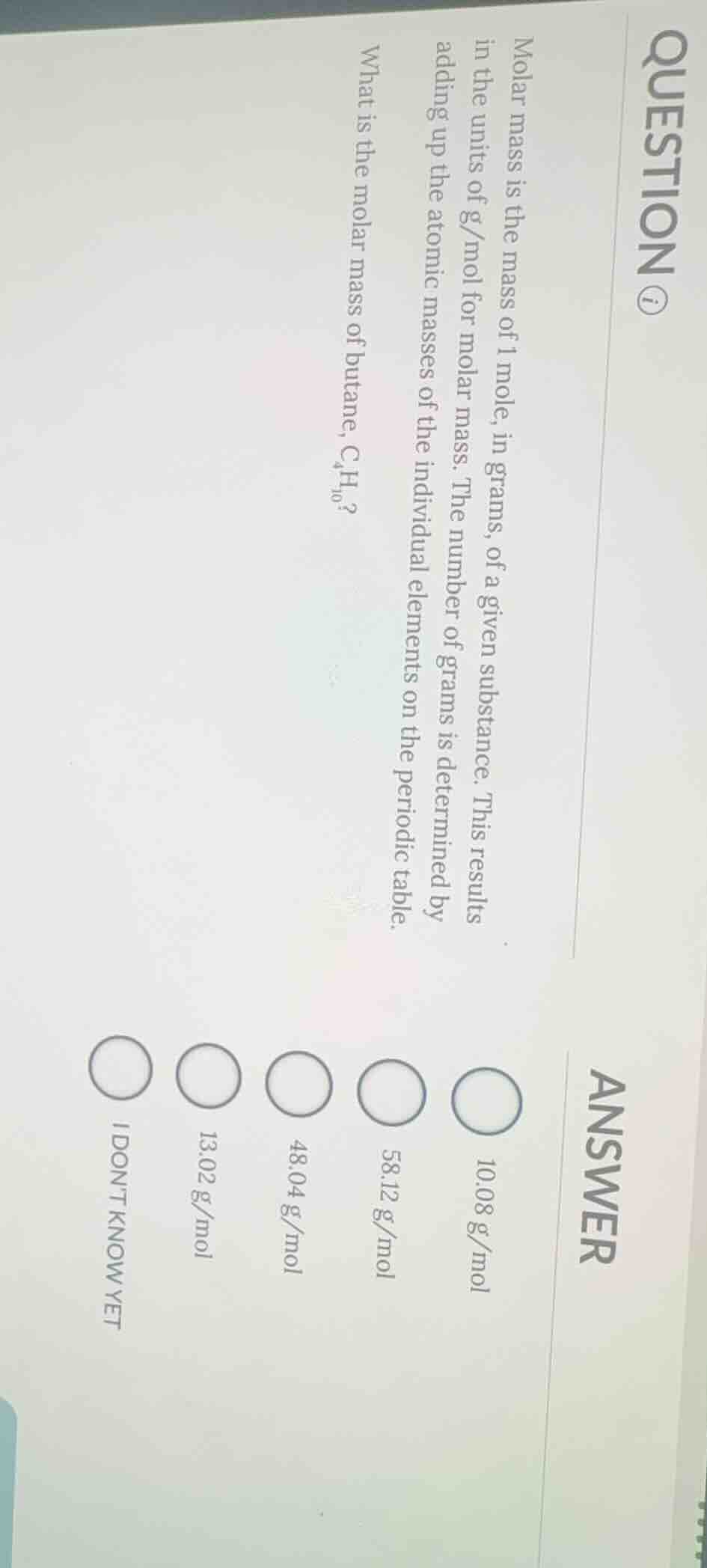 question ⓘ molar mass is the mass of 1 mole, in grams, of a given subst…