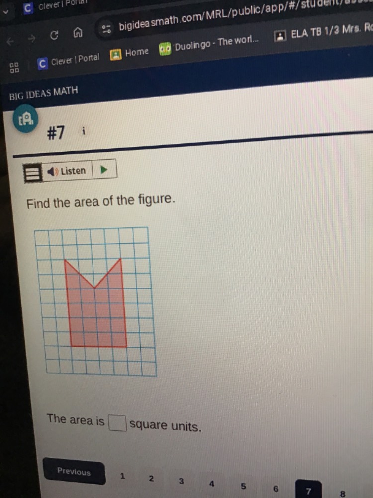 #7 listen find the area of the figure. the area is $square$ square unit…