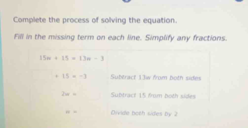 complete the process of solving the equation. fill in the missing term …