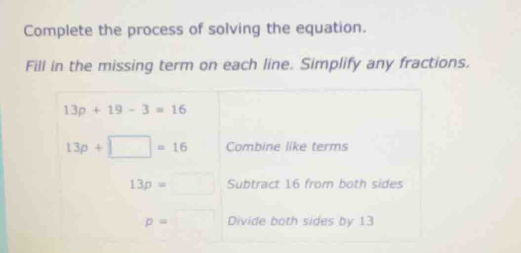 complete the process of solving the equation. fill in the missing term …