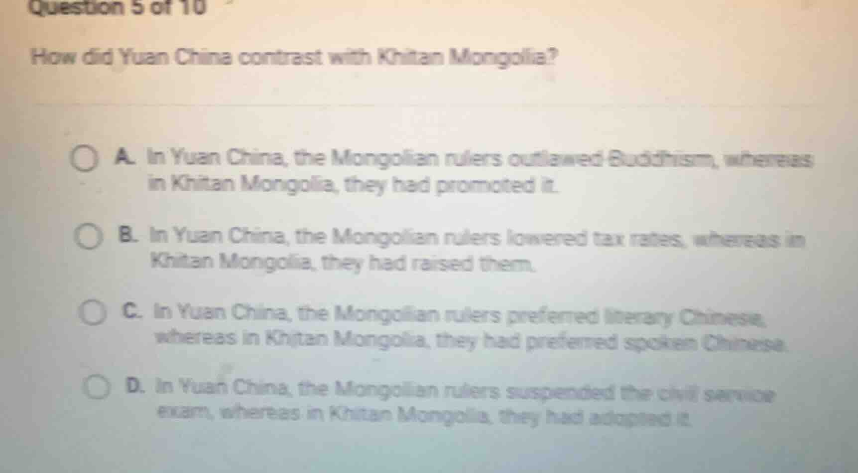 question 5 of 10 how did yuan china contrast with khitan mongolia? a. i…