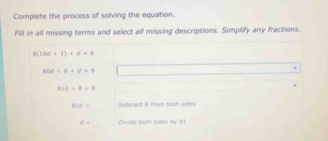 complete the process of solving the equation. fill in all missing terms…