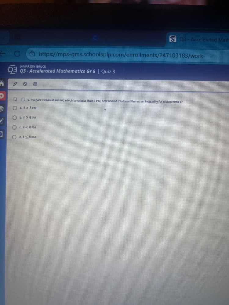 q3 - accelerated mathematics gr 8 | quiz 3 9. if a park closes at sunse…