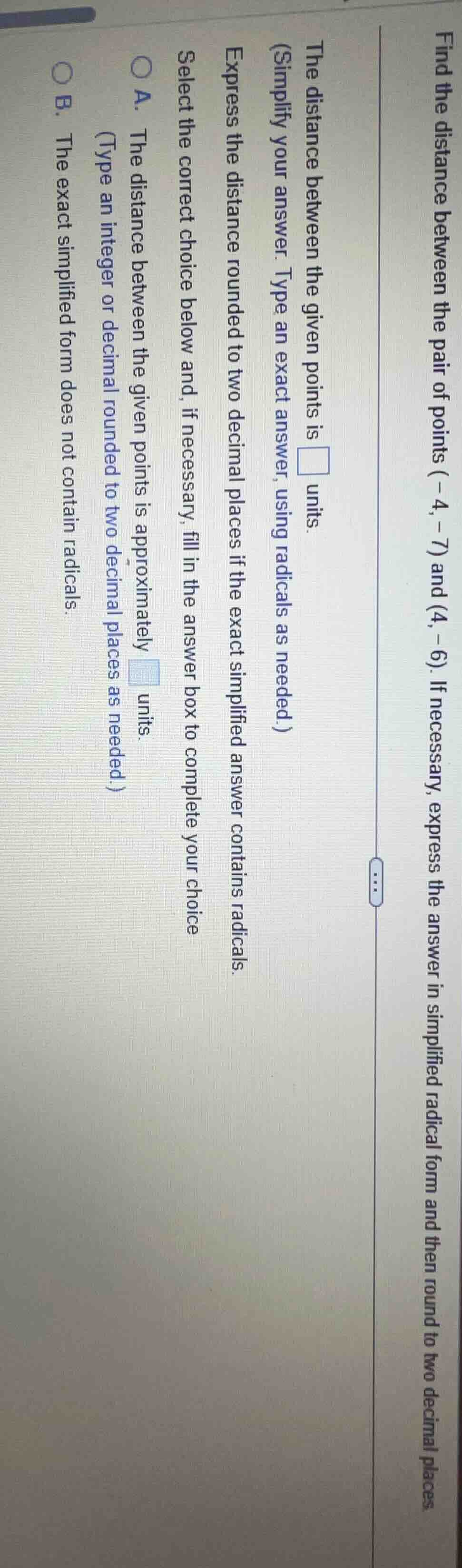 find the distance between the pair of points $(-4,-7)$ and $(4,-6)$. if…