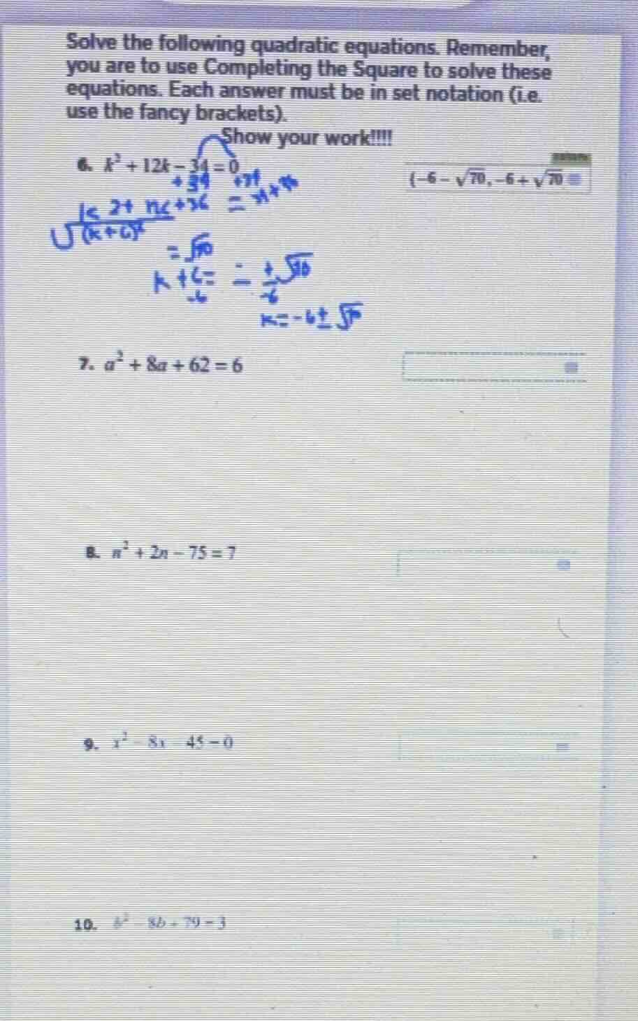 solve the following quadratic equations. remember, you are to use compl…