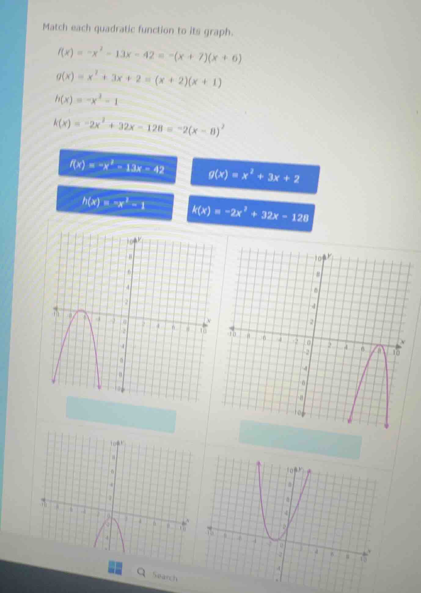 match each quadratic function to its graph.$f(x) = -x^2 - 13x - 42 = -(…