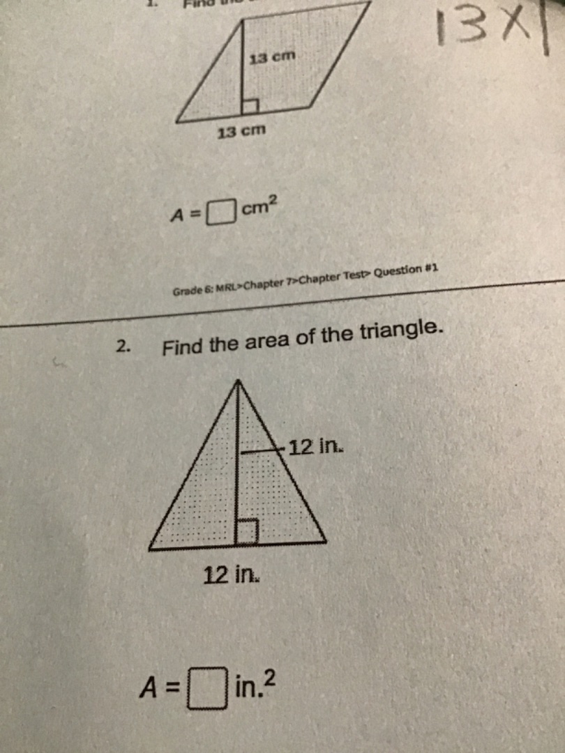 1. find the area of the parallelogram.13 cm13 cm$a = \\square$ $cm^{2}$…