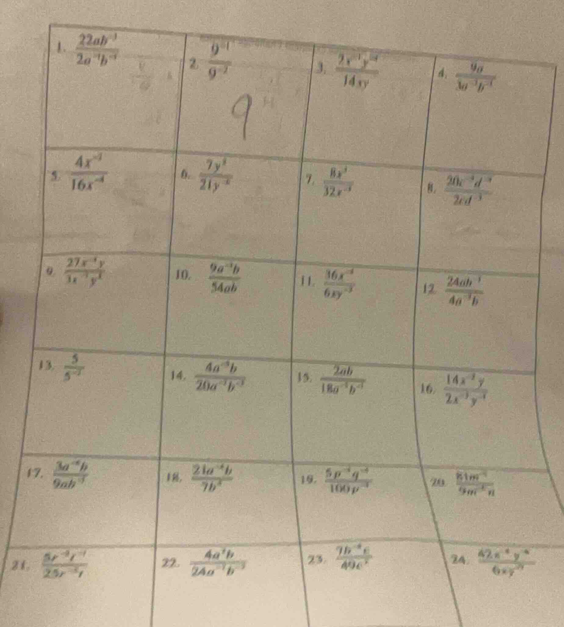 1. $\frac{22ab^{-1}}{2a^{-1}b^{-1}}$2. $\frac{9^{-1}}{9^{-2}}$3. $\frac…