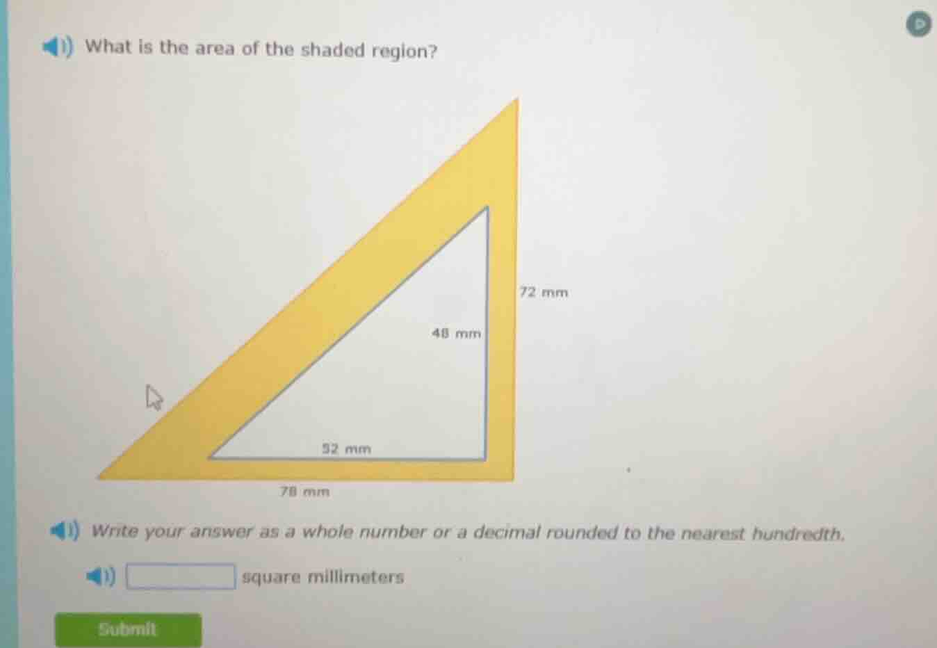 1) what is the area of the shaded region? 72 mm 48 mm 52 mm 78 mm 1) wr…