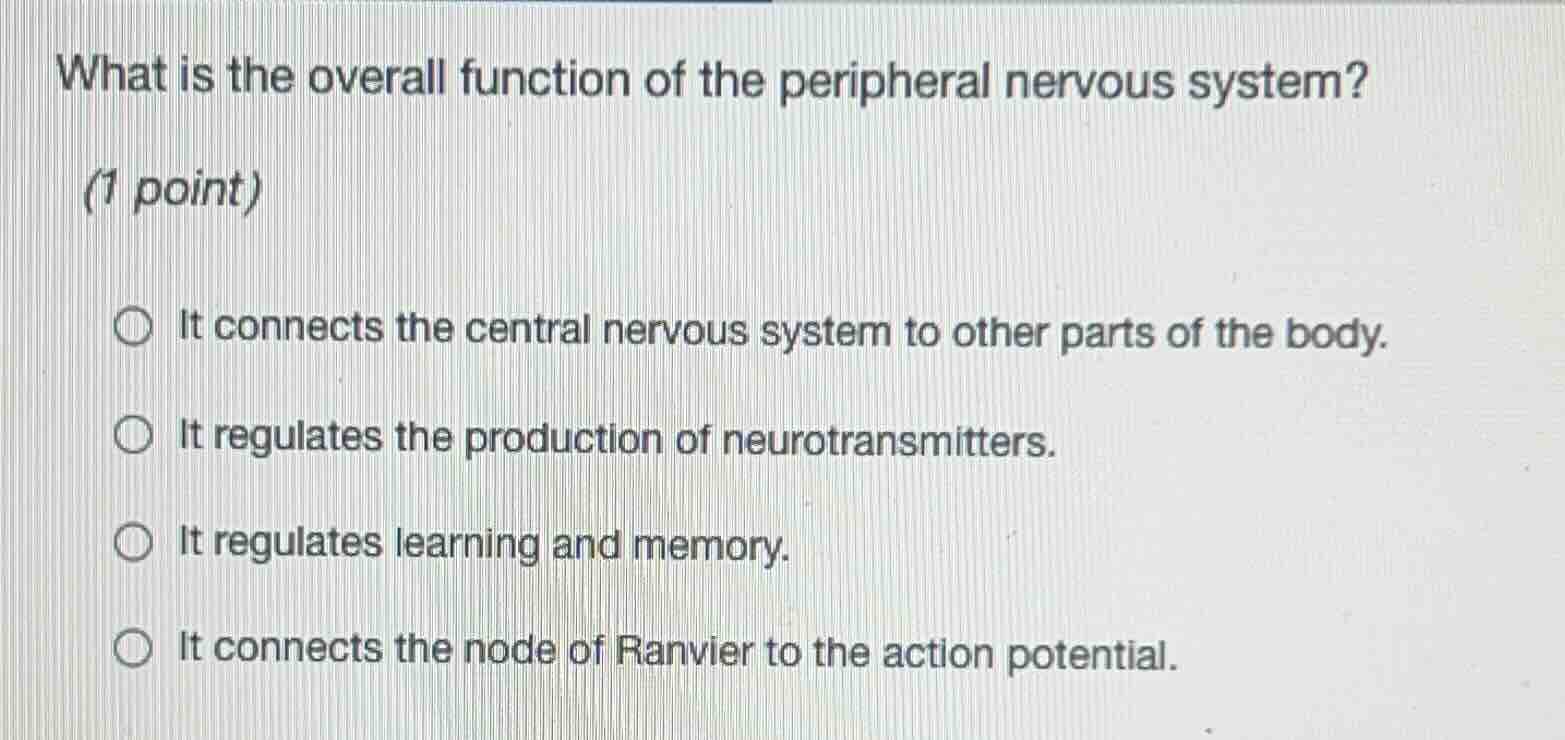 what is the overall function of the peripheral nervous system? (1 point…