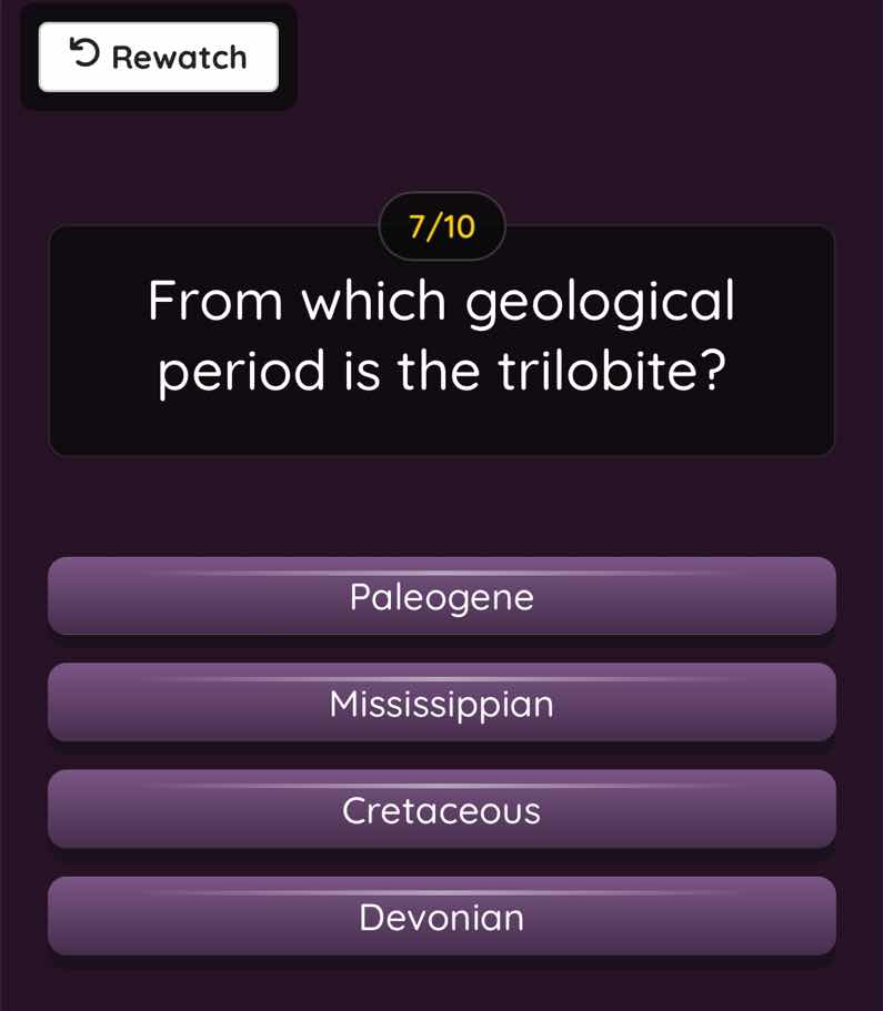 7/10 from which geological period is the trilobite? paleogene mississip…