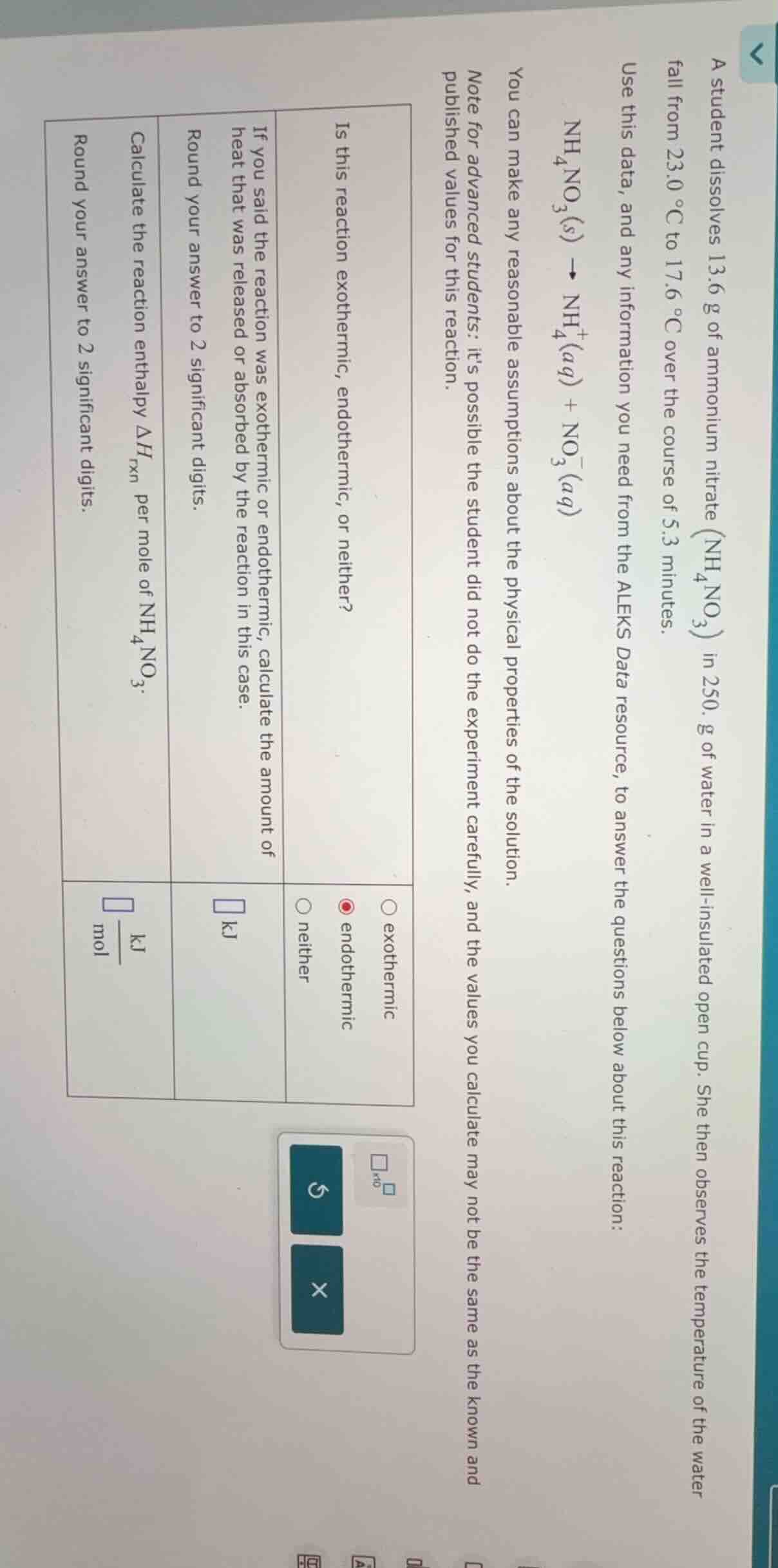 a student dissolves 13.6 g of ammonium nitrate ($\\text{nh}_4\\text{no}…