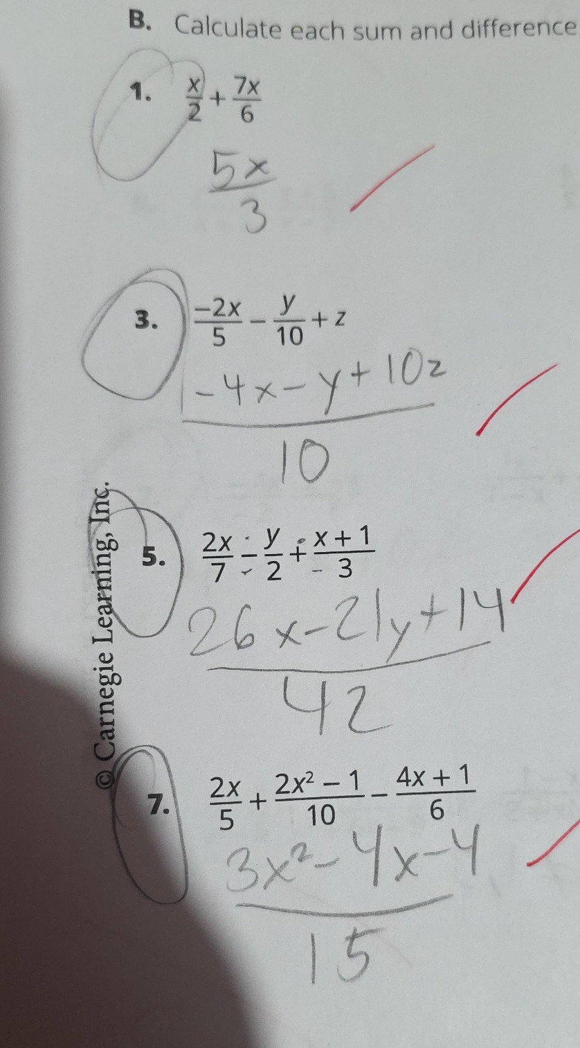 b. calculate each sum and difference 1. $\frac{x}{2}+\frac{7x}{6}$ 3. $…
