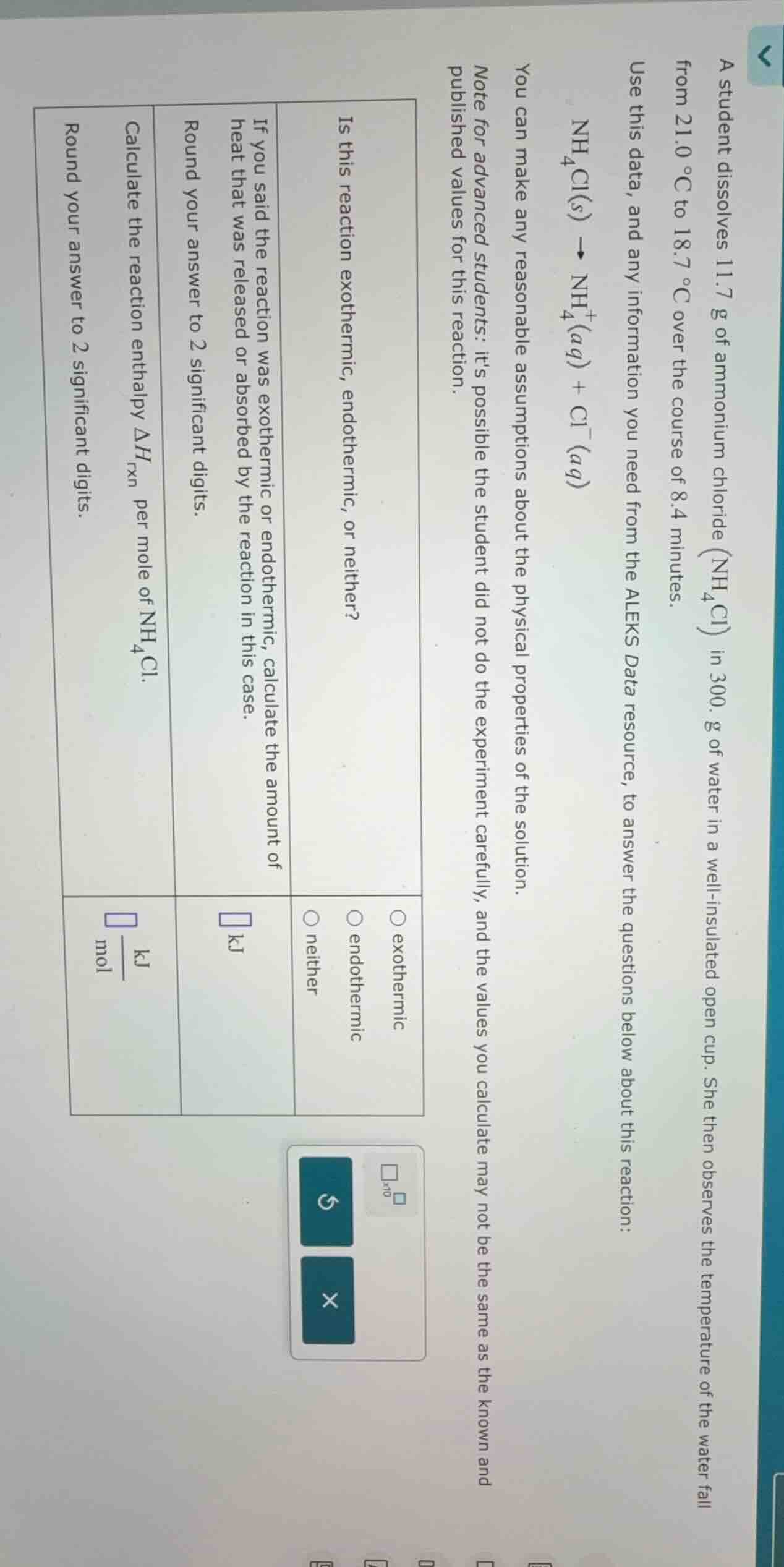 a student dissolves 11.7 g of ammonium chloride ($\\text{nh}_4\\text{cl…