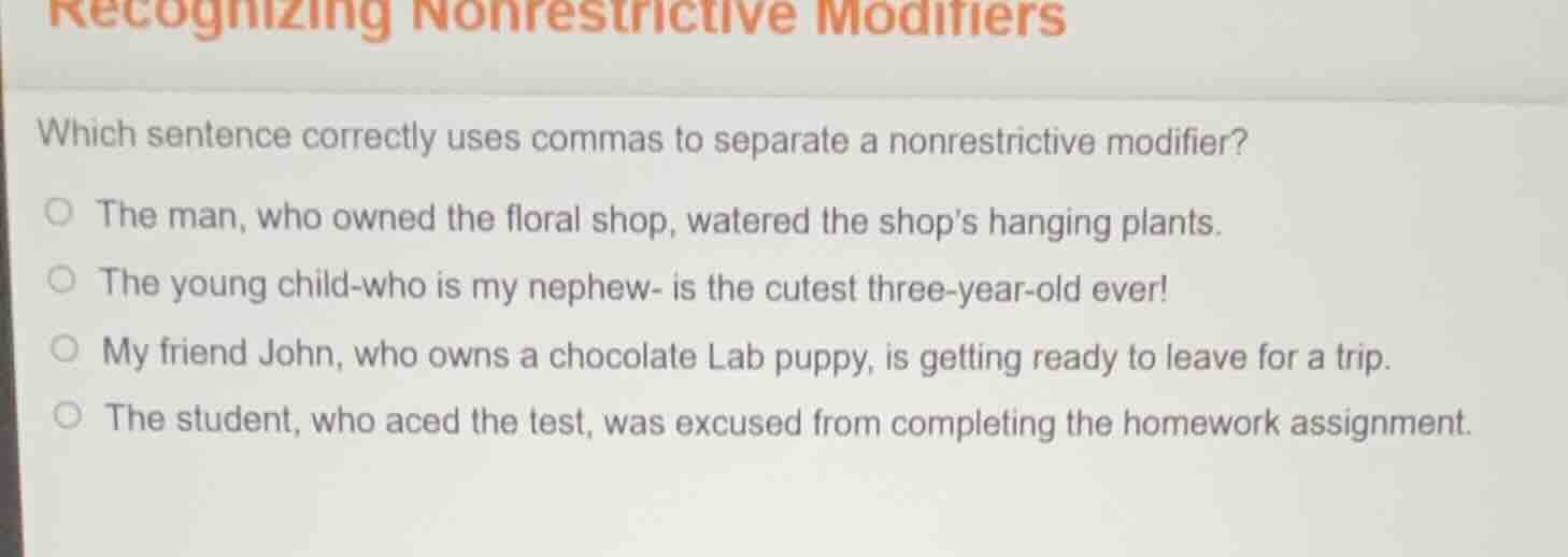 recognizing nonrestrictive modifiers which sentence correctly uses comm…