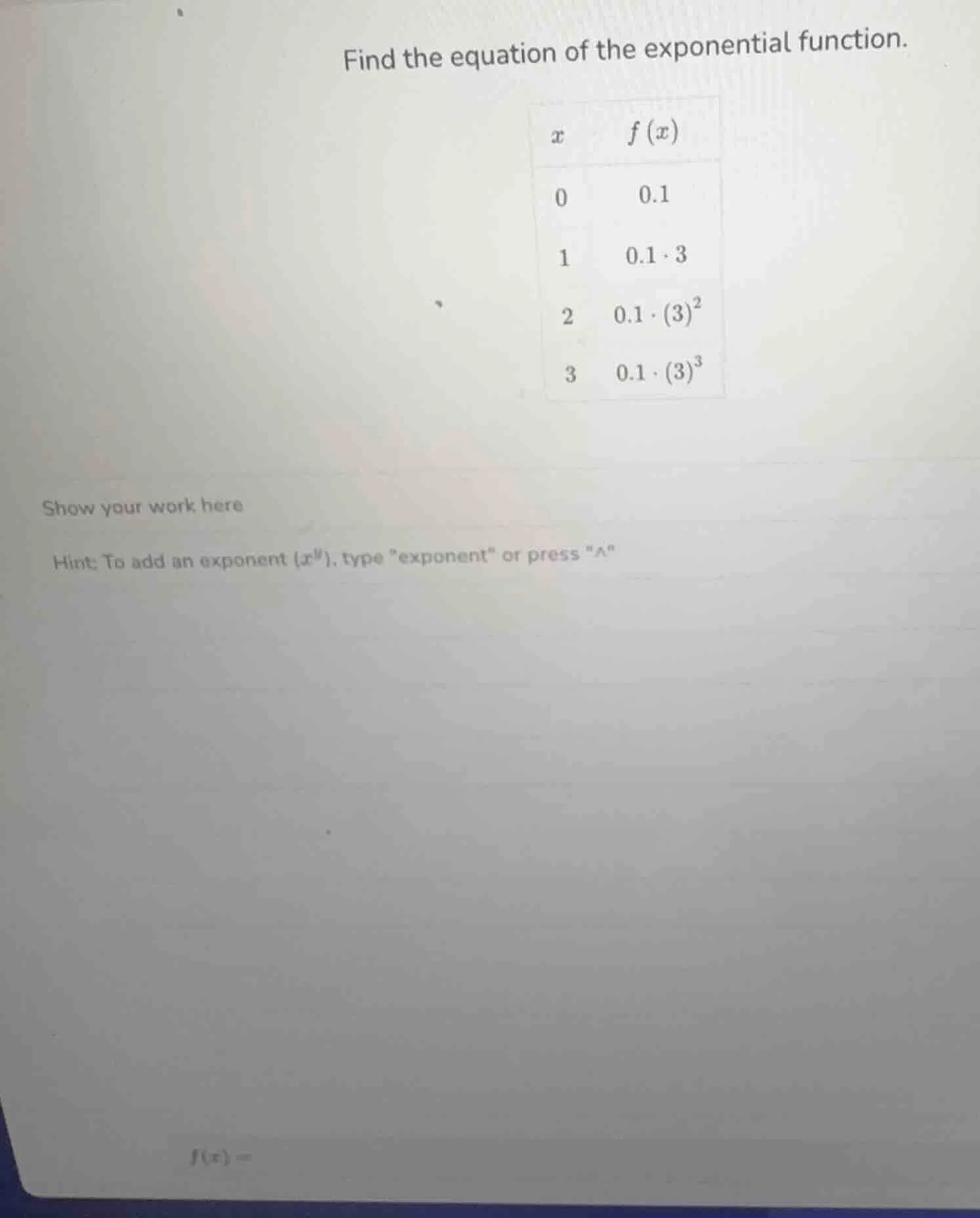 find the equation of the exponential function. | $x$ | $f(x)$ || ---- |…