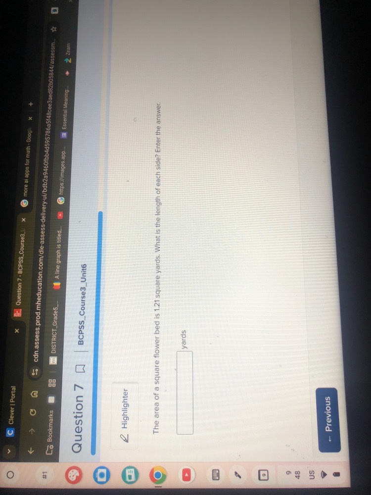 question 7 the area of a square flower bed is 1.21 square yards. what i…