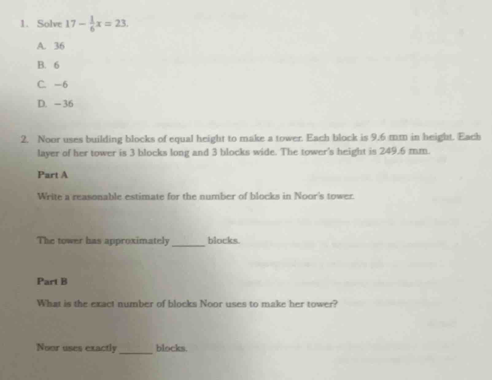 1. solve $17 - \\frac{1}{6}x = 23$. a. 36 b. 6 c. $-6$ d. $-36$ 2. noor…