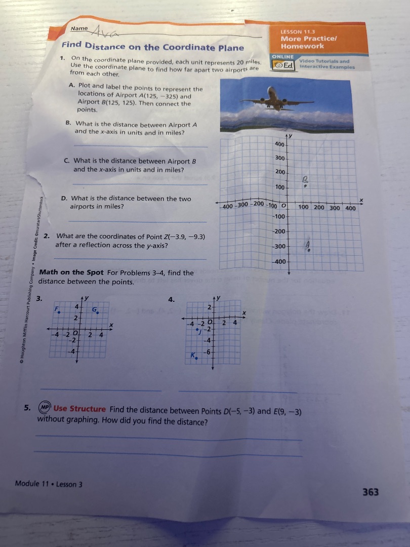 namefind distance on the coordinate planelesson 11.3more practice/homew…