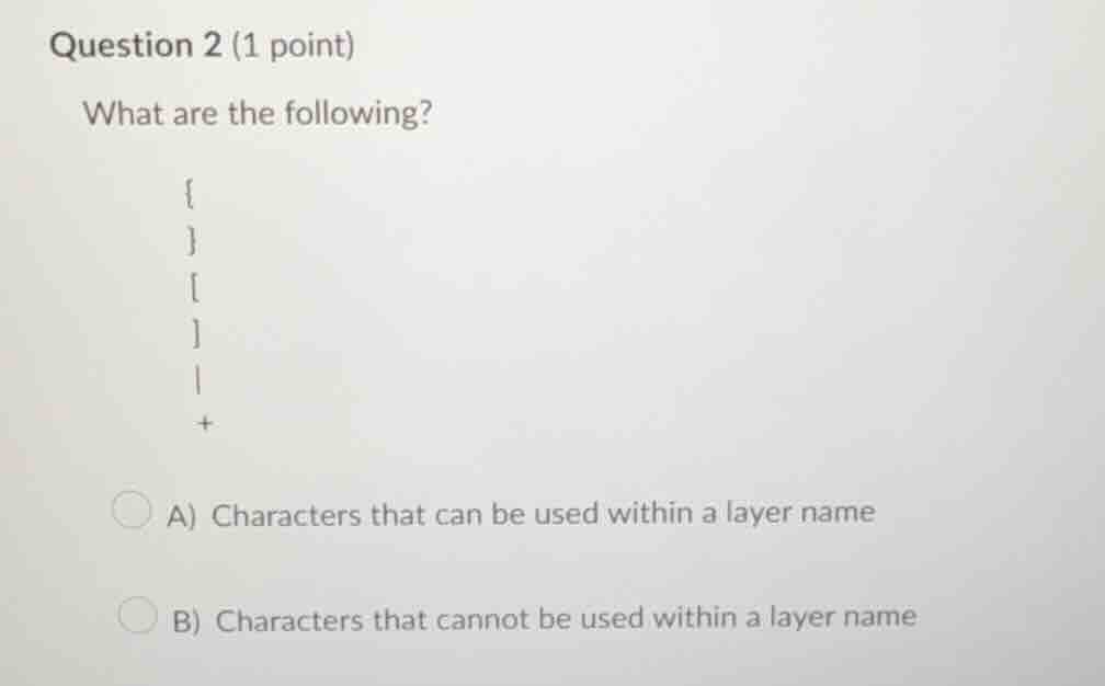 question 2 (1 point) what are the following? { } | + a) characters that…