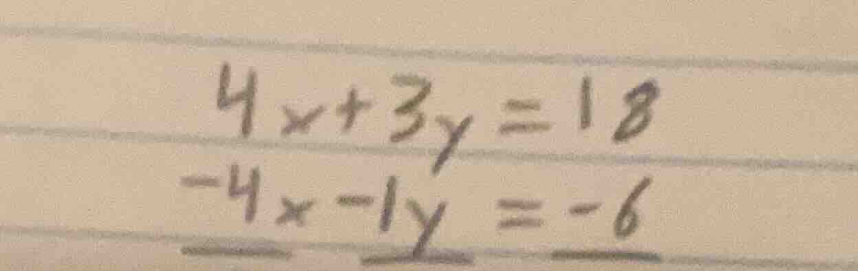 $4x + 3y = 18$ $-4x - 1y = -6$