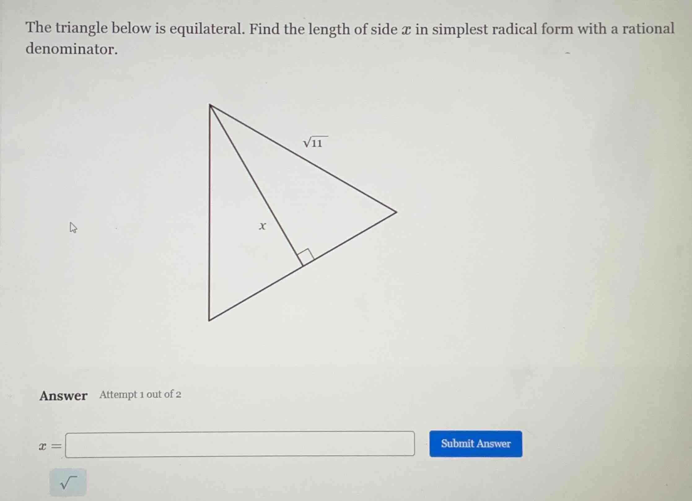 the triangle below is equilateral. find the length of side $x$ in simpl…
