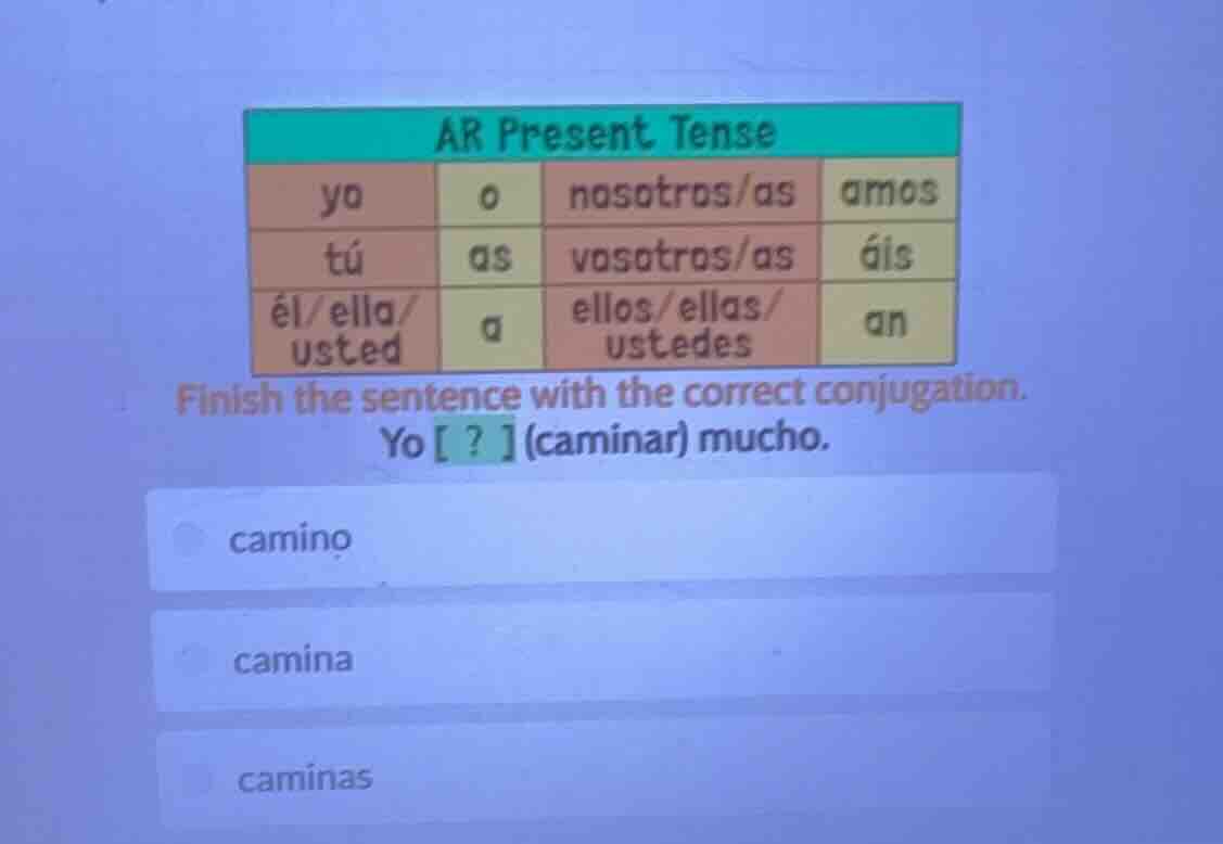 ar present tense yo o nosotros/as amos tú as vosotros/as áis él/ella/ u…