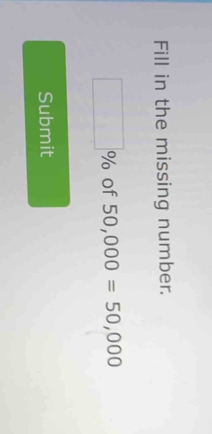 fill in the missing number. $square$% of 50,000 = 50,000