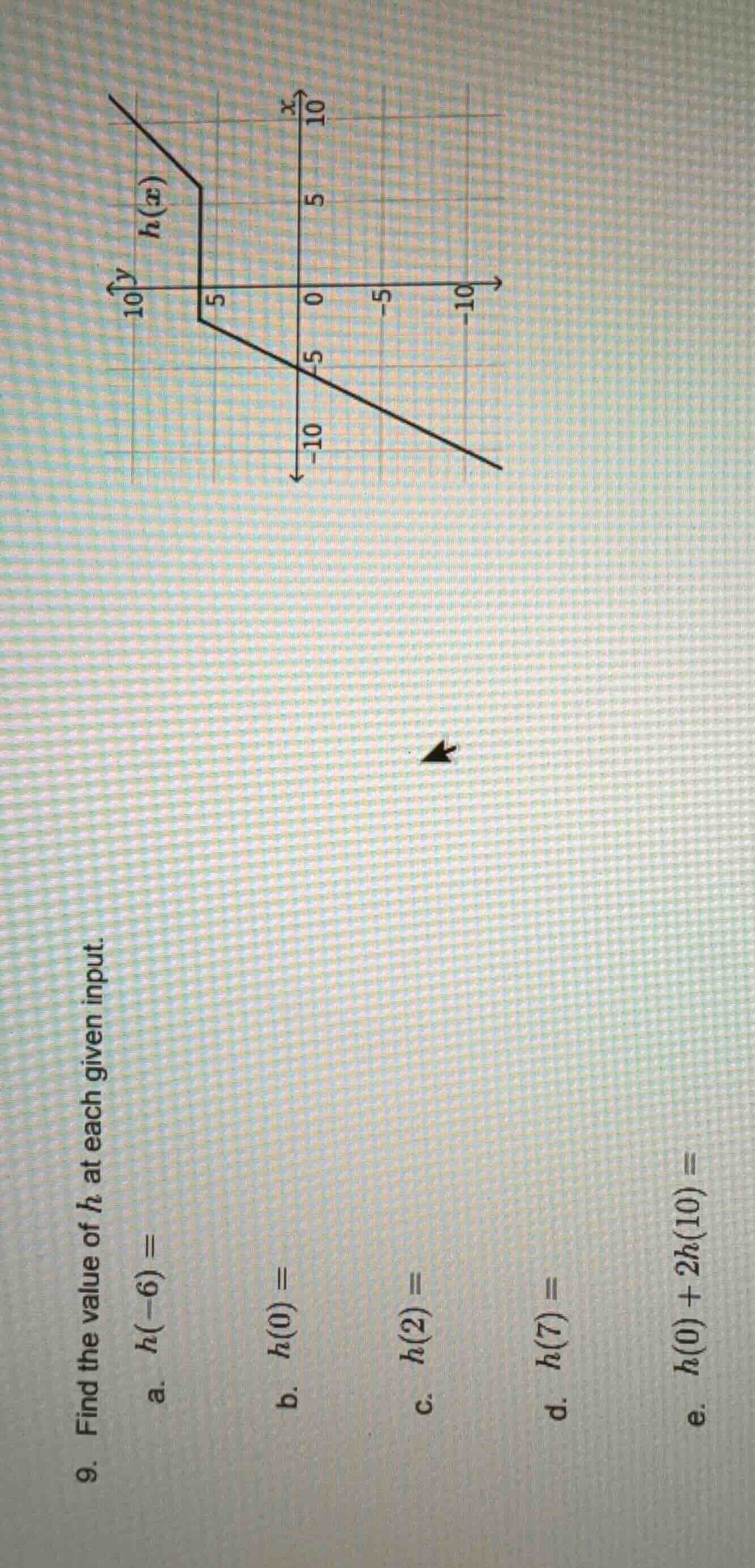 9. find the value of $h$ at each given input. a. $h(-6) =$ b. $h(0) =$ …