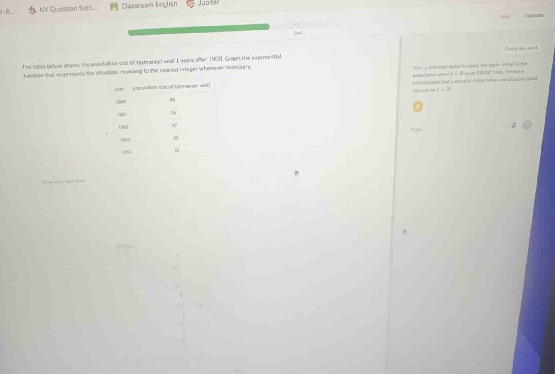 the table below shows the population size of tasmanian wolf t years aft…