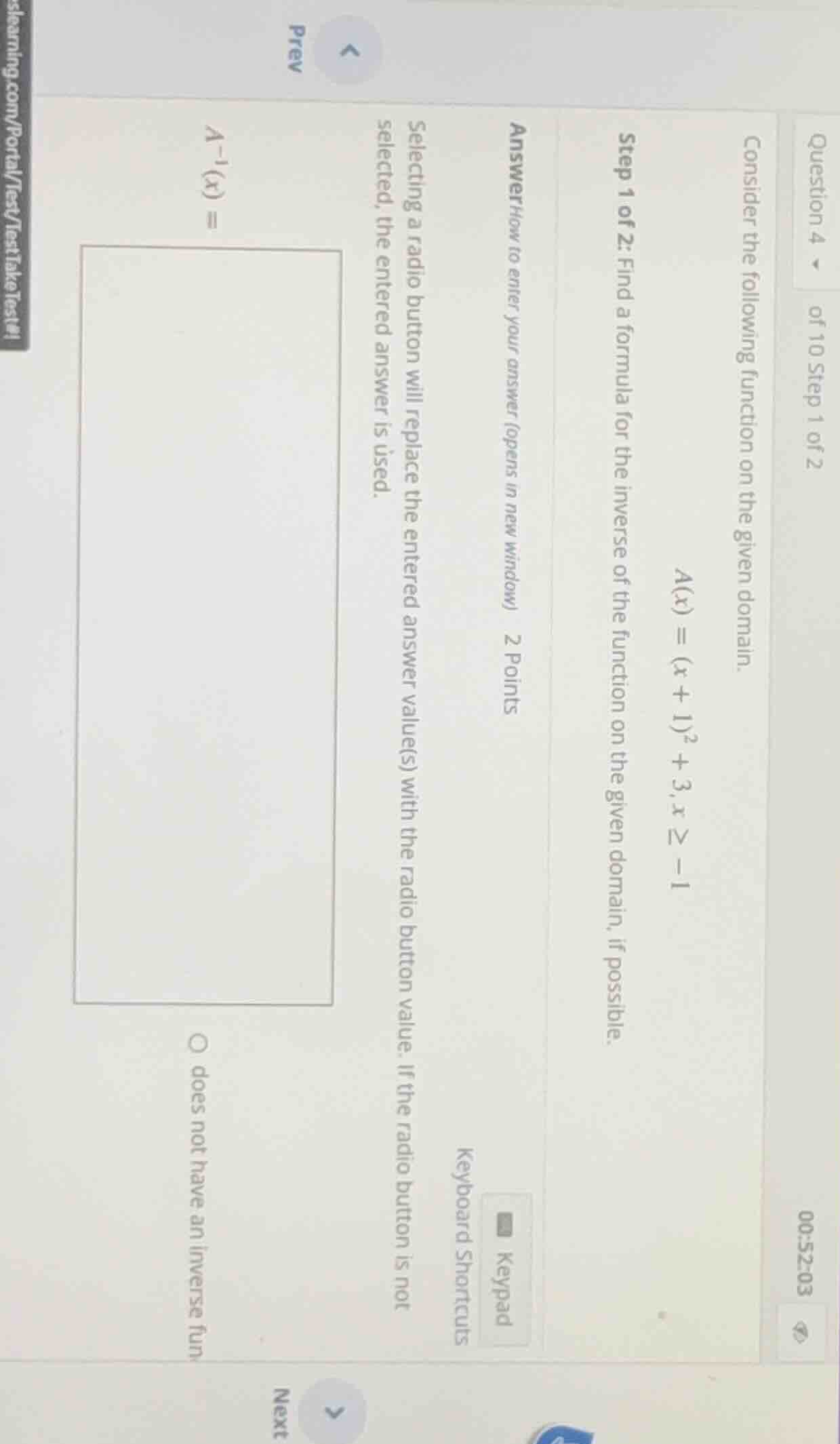 question 4 of 10 step 1 of 2 00:52:03 consider the following function o…