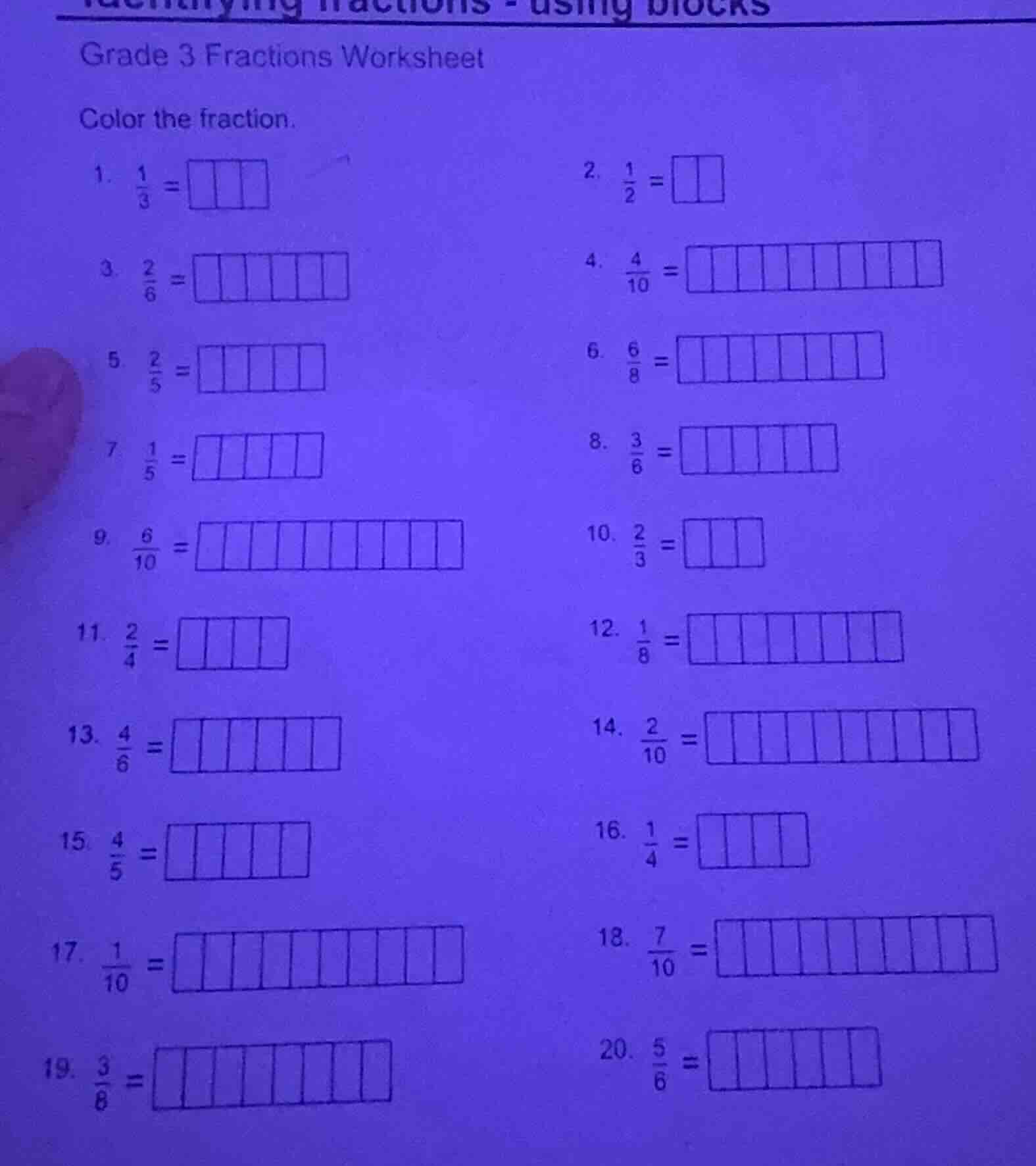 grade 3 fractions worksheet color the fraction. 1. $\frac{1}{3}$ 2. $\f…
