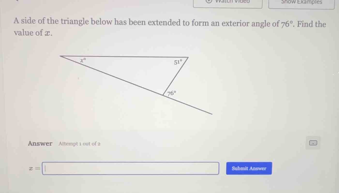 a side of the triangle below has been extended to form an exterior angl…