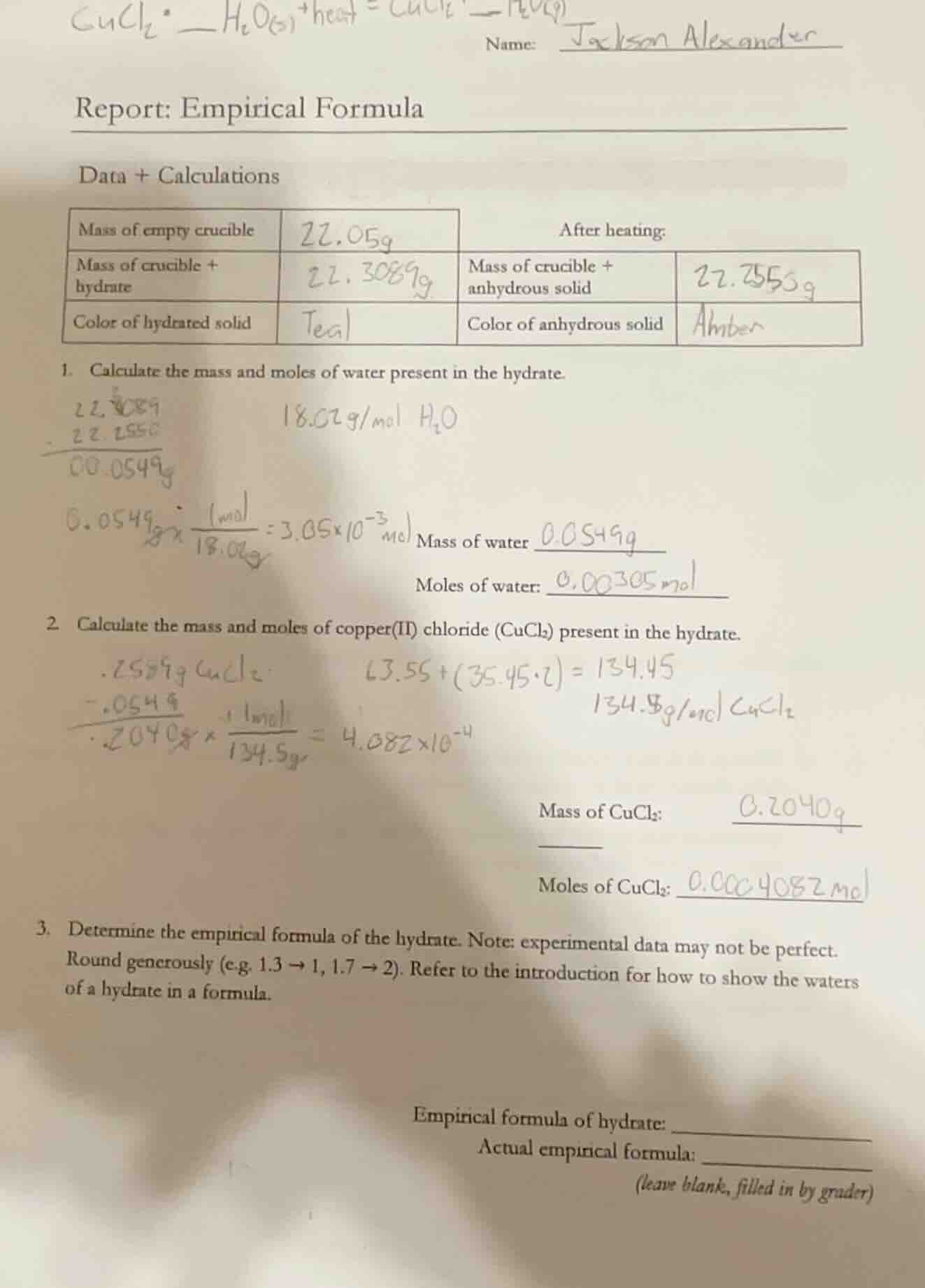 name: jackson alexander report: empirical formula data + calculations m…