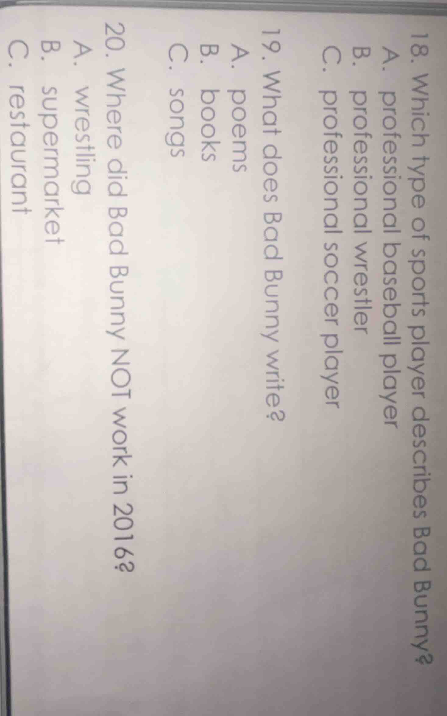 18. which type of sports player describes bad bunny? a. professional ba…