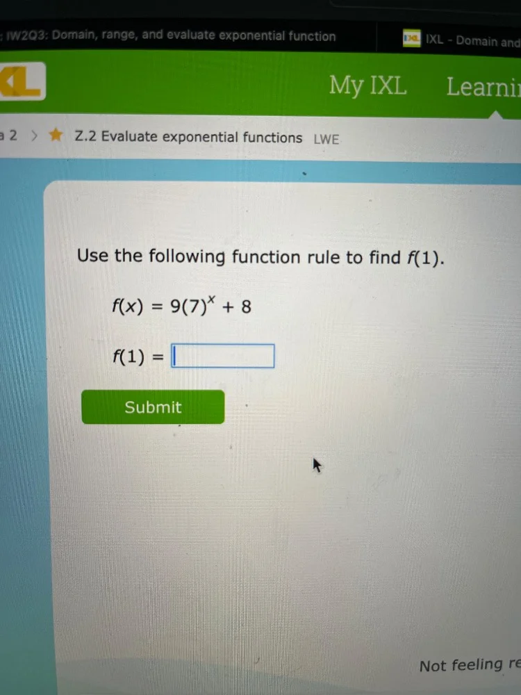 use the following function rule to find $f(1)$. $f(x) = 9(7)^x + 8$ $f(…