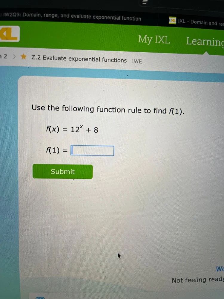 use the following function rule to find $f(1)$. $f(x) = 12^{x} + 8$ $f(…